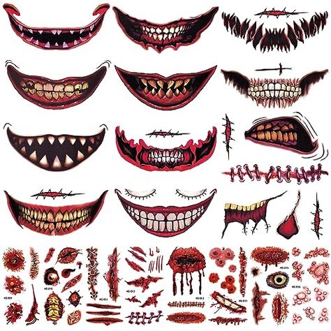 CUTELIILI 74+PCS 21 Sheets Halloween Zombie Makeup Face Tattoos, Halloween Prank Makeup Scary Big Mouth Fake Tattoos, Zombie Face Decals Prank Props for Halloween Cosplay Party DIY Check more at https://uk.productsoffer.in/cuteliili-74pcs-21-sheets-halloween-zombie-makeup-face-tattoos-halloween-prank-makeup-scary-big-mouth-fake-tattoos-zombie-face-decals-prank-props-for-halloween-cosplay-party-diy/ Vampire Bite Makeup, Zombie Bite Tattoo, Tattoos Scary, Halloween Zombie Makeup, Witch Beauty, Zombie Bite, Halloween Makeup Kits, Vampire Makeup Halloween, Mouth Tattoo