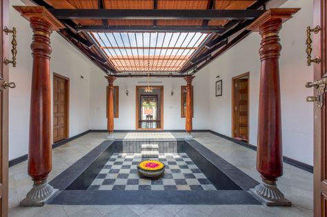 The homeowners, previously neighbours on adjacent plots, tasked Studio 1008 to create a shared home with a heritage Thotti Mane Designs, Manduva House, Chettinad House, Kerala Traditional House, Indian Houses, Architecture Design Competition, Wooden Pillars, Courtyard House Plans, Indian Home Design