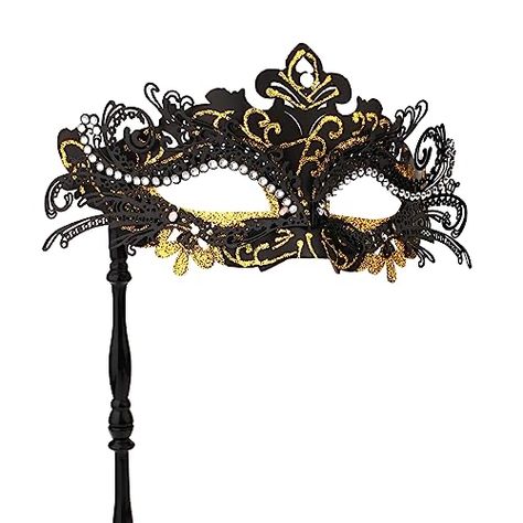 Masquerade Mask With Stick, Black And Gold Masquerade Mask, Masquerade Ideas, Masquerade Mask Women, Gold Masquerade Mask, Summer Ball, Venetian Masquerade Masks, Halloween Costume Mask, Ball Mask