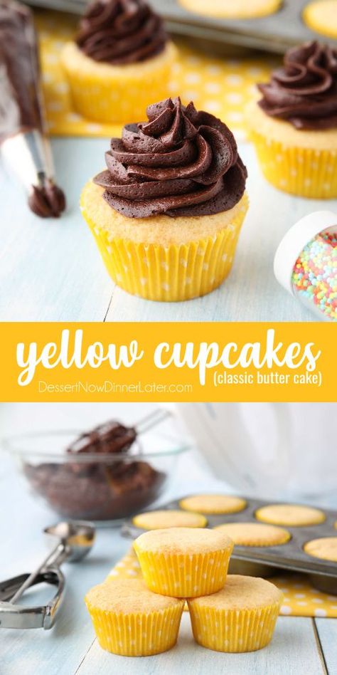 Cupcake For Birthday, Yellow Cake Cupcakes, Yellow Butter Cake, Cupcake Recipes From Scratch, Yellow Cupcakes, Butter Cupcakes, Homemade Cupcakes, Homemade Frosting, Chocolate Buttercream Frosting