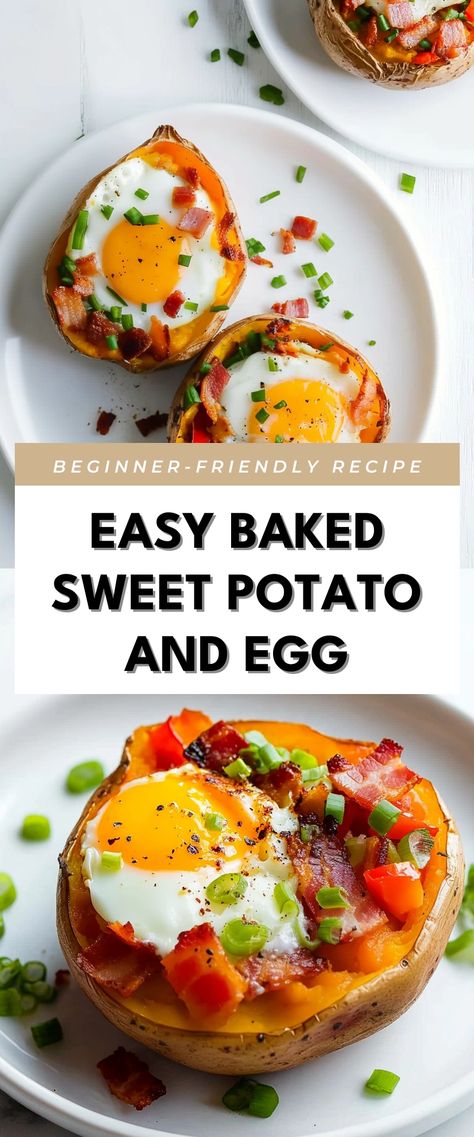 Image for Easy Baked Sweet Potato and Egg Sweet Potato With Egg, Sweet Potato Egg Bake, Sweet Potatoes And Eggs, Easy Baked Sweet Potato, Best Baked Sweet Potato, Sweet Potato Egg, Eggs And Sweet Potato, Sweet Potato Breakfast, Breakfast Bites