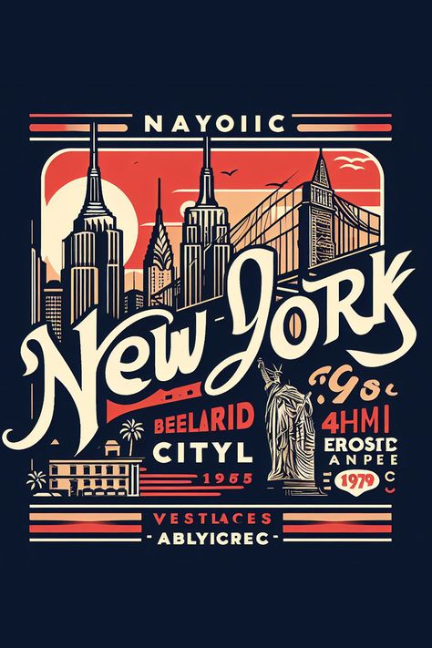 A bold design showcasing New York City's famous landmarks, including skyscrapers, bridges New York City Graphic Design, Wife Birthday Ideas, New York Graphic Design, City Graphic Design, 30th Birthday Ideas, Iconic New York, New York Logo, Scratchboard Art, Sticker Design Inspiration