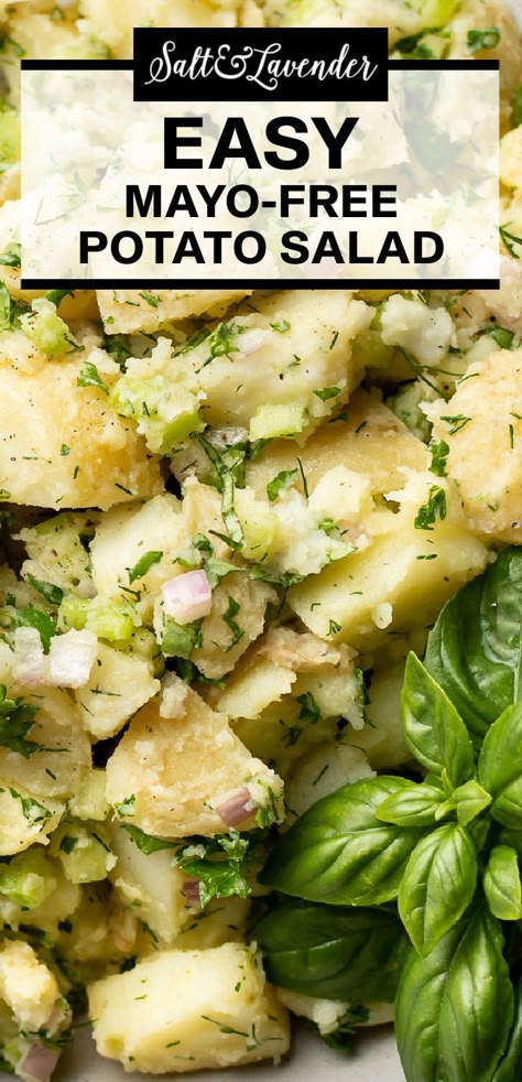 closeup of salad with fresh basil and text overlay that reads easy mayo-free potato salad Light Potato Salad, Potato Salad Dressing Recipe Mayonnaise, Potato Salad No Mayonnaise, No Mayonnaise Potato Salad, Potato Salad Without Mayonnaise, Low Sodium Potato Salad, Potato Salad Without Mayonnaise Healthy, No Mayo Potato Salad Recipe, Potato Salad Recipe No Mayo