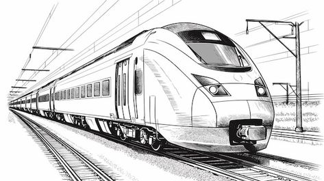 Black and white drawing of a modern trai... | Premium Vector #Freepik #vector #electric-train #railway-train #railroad #railway Train Cute Drawing, Train Sketch, Train Vector, Train Illustration, Train Drawing, Europe Train, Abstract Sketches, Train Railway, Electric Train