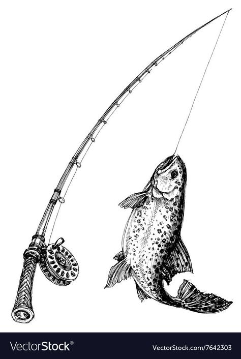 Fly Fishing Rod Tattoo, Fly Rod Tattoo, Cool Fish Drawing, Fishing Rod Illustration, Fly Fishing Drawing, Fishing Pole Drawing, Fishing Drawing Ideas, Fishing Tattoo Ideas, Fishing Rod Tattoo