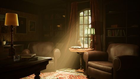 ArtStation - Study room, Niclas Nettelbladt Perspective Reference Photography Room, Warm Cinematography, Room Cinematography, A Study Room, 1940s Interior, Cozy Study, Apartment Lighting, Casa Batlló, Cinematic Lighting