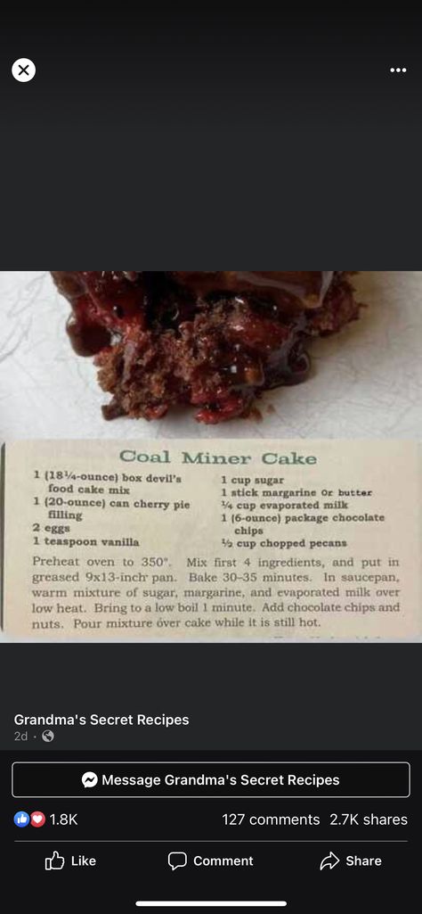 Coal Miners Cake, Canned Cherries, Coal Miners, No Sugar Foods, Recipes From Heaven, Secret Recipe, Evaporated Milk, Cherry Pie, Chopped Pecans