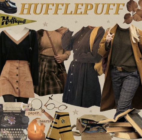 Hufflepuff Academia Outfit, Diy Hufflepuff Costume, Harry Potter Outfit Ideas Hufflepuff, Harry Potter Inspired Outfits Hufflepuff, Hufflepuff Outfit Ideas, House Dark Academia, Hufflepuff Aesthetic Outfits, Hufflepuff Inspired Outfits, Dark Academia Fits