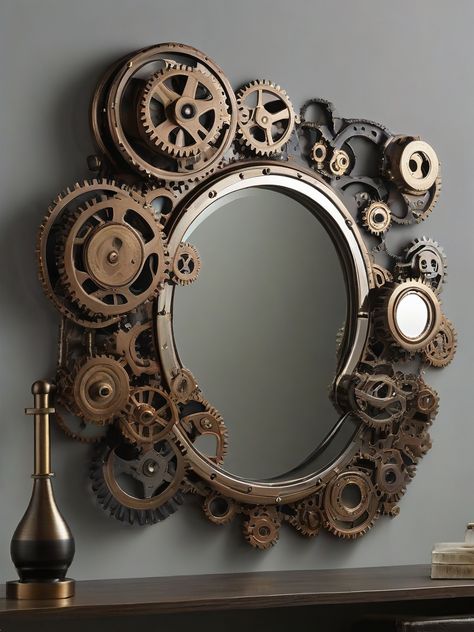 Discover the perfect blend of industrial and elegance with ‘Industrial Elegance’ cogs and gears mirror. The metallic elements add a touch of sophistication to your home decor. 🪞⚙️✨ #CogsAndGearsMirror #IndustrialElegance #MetallicDecor #PinterestIndustrialChic Cogs And Gears, Steampunk Home Decor, Steampunk House, Chaise Design, Functional Furniture, Industrial Chic, Metal Decor, Decor Project, Metal Art