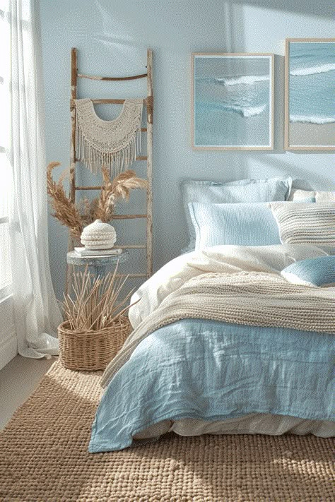 Light Blue Boho Bedroom, Blue Boho Bedroom, Blue Dorm Room, Light Blue Rooms, Costal Bedroom, Light Blue Bedroom, Blue Dorm, Grandma House, Beachy Bedroom