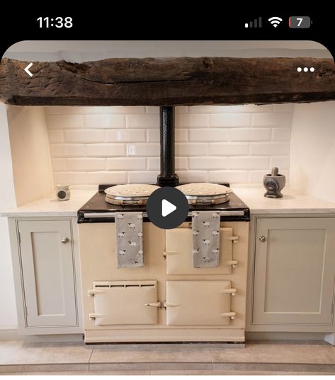 Kitchen With Rayburn, Aga Cooker Modern Kitchen, Aga In Modern Kitchen, Farmhouse Kitchen Splashback Ideas, Cottage Kitchen Splashback, Aga Cottage Kitchen, Cottage Splashback Ideas, Modern Aga Kitchen, Wood Cook Stove Kitchen Modern