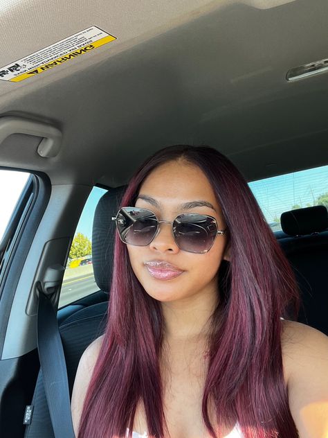 Black Cherry Hair Color Black Women, Magenta Hair With Bangs, Dark Red Sew In, Red Highlights On Dark Hair Black Women, Wine Red Hair Color For Black Women, Cherry Cola Hair Color On Black Women, Burgundy Silk Press Natural Hair, Deep Red Hair Color Black Women, Burgundy Sew In Weave Leave Out