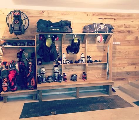 Garage organization.  Hockey lockers and golf bag storage Hockey Storage Garage, Hockey Storage Ideas, How To Store Hockey Equipment, Hockey Gear Storage Ideas, Hockey Bag Storage Ideas, Hockey Garage, Hockey Storage, Hockey Bag Storage, Baseball Equipment Storage