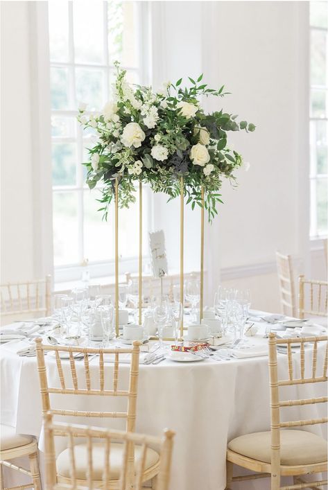 Column Vase Flower Arrangements, Floral Arrangements On Stands, Standing Floral Arrangements, Recruitment Decorations, Flower Centrepieces, White Wedding Centerpieces, Ivory Wedding Flowers, White Floral Arrangements, Blue White Weddings