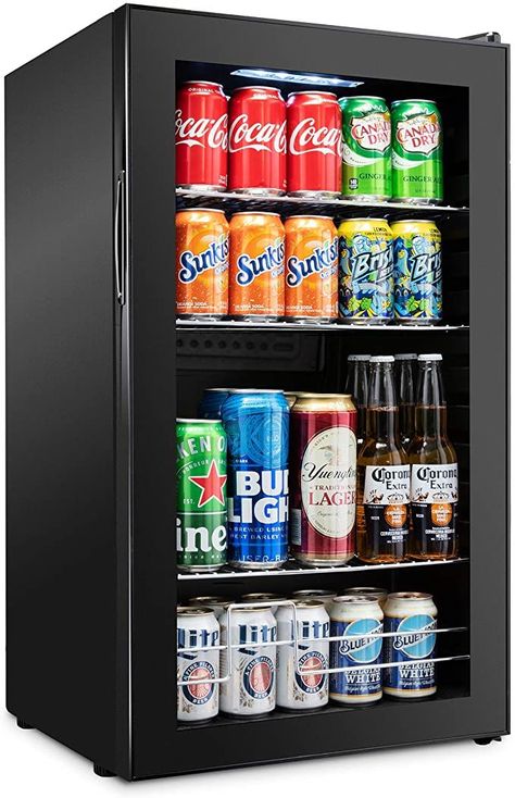 Ivation 126 Can Beverage Refrigerator | Freestanding Ultra Cool Mini Drink Fridge | Beer, Cocktails, Soda, Juice Cooler for Home & Office | Reversible Glass Door & Adjustable Shelving - Black Mini Drink Fridge, Tiny Fridge, Drinks Fridge, Drink Fridge, Chilled Beer, Beverage Fridge, Beer Fridge, Mini Refrigerator, Interior Led Lights