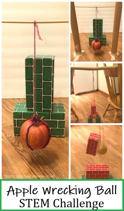 Apple Wrecking Ball STEM Challenge | There's Just One Mommy Stem Fall Activities, Fall Activities For Kids Elementary, Wacky Science, Preschool Apple Theme, Stem Activities Preschool, Apple Lessons, September Crafts, Steam Ideas, Apple Preschool