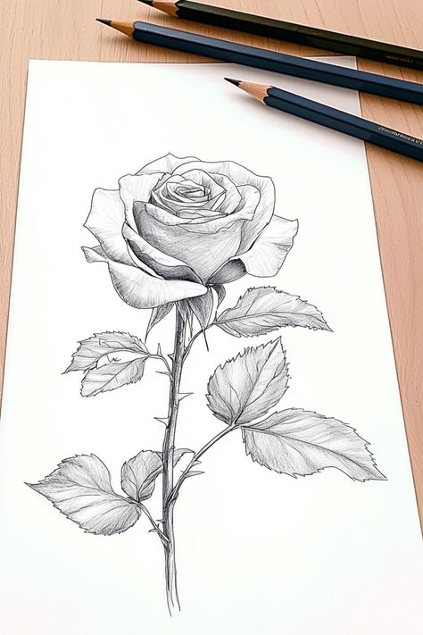 A pencil sketch of a blooming rose with leaves, showcasing realistic shading ideal for little sketches rose. Difficult Drawings Beautiful, Rose Leaves Drawing, Sketches Rose, Flower Sketching, Realistic Rose Drawing, Sketch Nose, Creepy Sketches, Little Sketches, Start Sketching