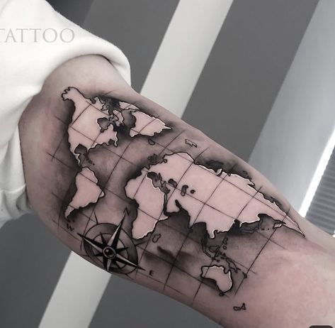 World Tattoo Men, Map Sleeve Tattoo, World Map Tattoo Sleeve, Map Grid Tattoo, Forearm Map Tattoo Men, World Map Tattoo Men, Old World Map Tattoo, Biceps Tattoos For Men, Map Tattoo Sleeve