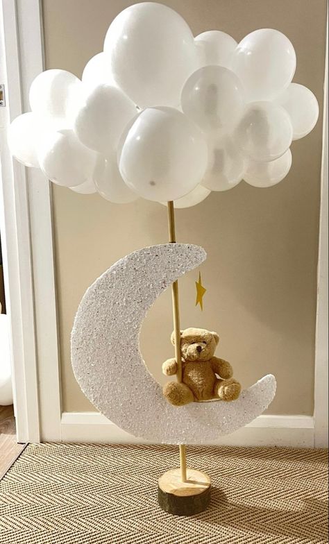 Moon and clouds 🌘☁️ Bear And Clouds Theme, Teddy Bear And Moon Baby Shower Theme, Moon And Back Baby Shower Ideas, Twinkle Twinkle Little Star Gender Party Centerpieces, Over The Moon Centerpiece Ideas, Baby Shower Moon Theme, Alternative Baby Shower Ideas, Baby Shower Moon And Stars Theme, Over The Moon Baby Shower Centerpiece