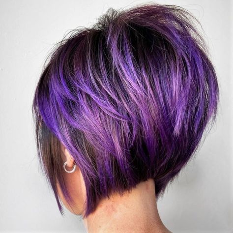 Purple Hair Bob Short, Purple Highlights Brown Hair Short Pixie, Super Stacked Bob Haircut, Asymmetrical Bob Back View, Purple Bob Hair, Stacked Bob Haircut For Fine Hair, Short Aline Bob, Medium Stacked Haircuts, Feathered Bob Hairstyles