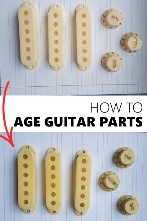 Few simple methods for aging and relicing plastic guitar parts such as pickup covers and knobs. How To Relic Guitar, Relic Guitar, Guitar Repair, Guitar Kits, Guitar Building, Guitar Stuff, Guitar Parts, Custom Guitars, Music Production