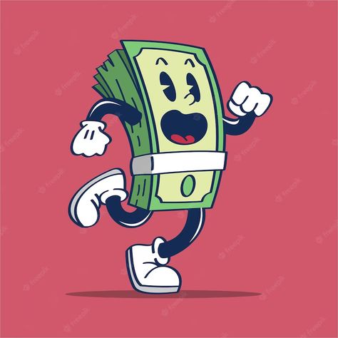 Vintage Money Illustration, Money Graphic Design Illustration, Money Cartoon Drawing, Retro Cartoon Illustration, Money Character, Running Character, Run Illustration, Cartoon Packaging, Cartoon Illustration Art