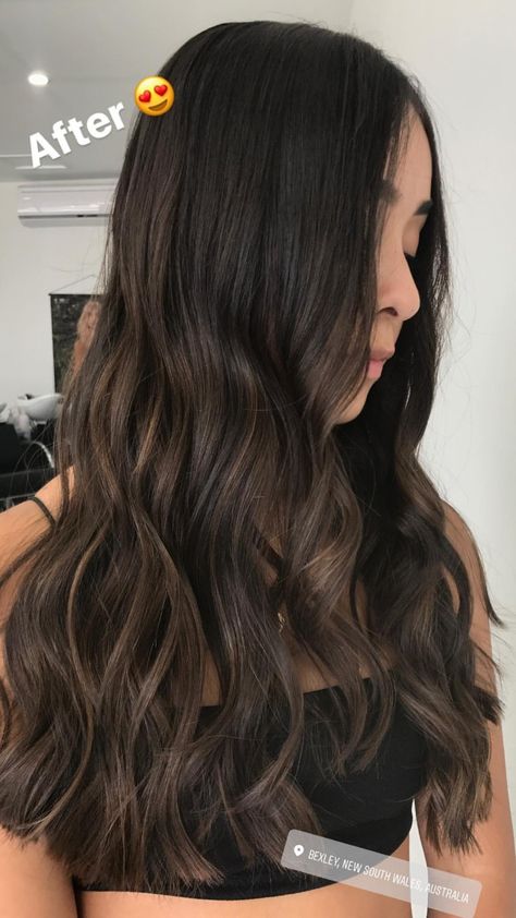 Black Hair With Soft Highlights, Black Hair With Thick Highlights, Baby Lights Brunettes, Hair Color Ideas Filipina, Black Hair With Babylights Straight, Dark Hair With Baby Highlights, Brown Baby Lights On Black Hair, Baby Lights On Dark Brown Hair, Thick Hair Balayage