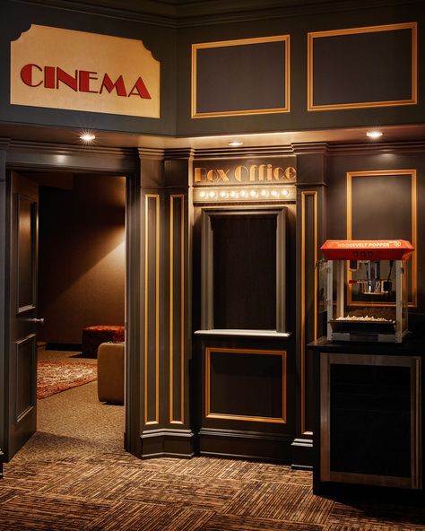 Cinema Entrance Design, Home Movie Theater Concession Stand, Theater Concession Stand Ideas, Concession Stand Ideas, Cinema Entrance, Movie Theater Lobby, Home Cinema Room Ideas, Theater Entrance, Cinema Interior