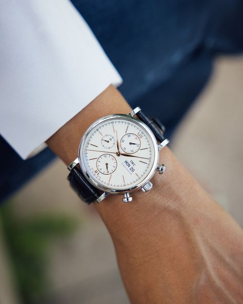 With its striking push-buttons and functional, technology-inspired dial, this chronograph brings a refreshingly sporty note to the Portofino family. #iwc #chronograph #watches #menswatches #mensfashion #ootd #fashion Iwc Watches Men, Iwc Chronograph, Iwc Portofino, Iwc Pilot, Iwc Watches, Luxury Watches For Men, Ootd Fashion, Luxury Watches, Jaeger Watch