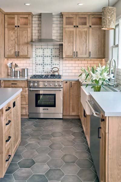 Top 50 Best Kitchen Floor Tile Ideas - Flooring Designs Floor Tile Ideas, Best Flooring For Kitchen, Farmhouse Kitchen Backsplash, Natural Wood Kitchen, Flooring Designs, Kitchen Floor Tiles Ideas, Cheap Kitchen Cabinets, Farmhouse Kitchen Cabinets, Floor Tile Design