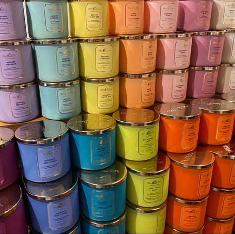 A display of colorful, pastel scented candles Colorful Candles Aesthetic, Candle Collection Aesthetic, Candle Shop Aesthetic, Bath And Body Works Candles Aesthetic, The Confidence Of Wildflowers, Preppy Candles, Bath And Body Candles, Candles Bath And Body Works, Micalea Smeltzer