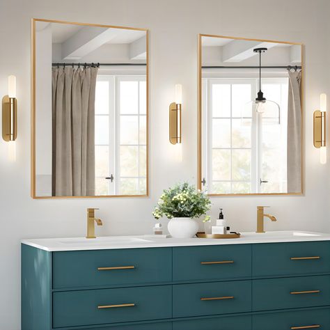 Enhance your bathroom decor with our Set of 2 Metal Framed Arched Bathroom Hanging Mirrors. These mirrors are rust-resistant and durable, showcasing a sleek modern minimalist frame design. Experience crystal-clear high-definition reflection with shatterproof safety. Fogless Mirror, Rectangle Bathroom, Rectangular Bathroom Mirror, Over The Door Mirror, Black Vanity Bathroom, Rectangular Bathroom, Minimalist Frame, Wall Mirrors Set, Mirror Room