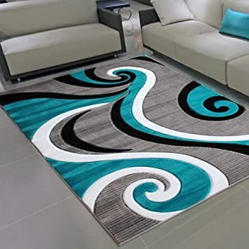 Masada Rugs, Sophia Collection Hand Carved Area Rug Modern Contemporary Turquoise White Grey Black (8 Feet X 10 Feet) Living Room Contemporary, Turquoise Home Decor, Living Room Turquoise, Carpet Bedroom, Turquoise Rug, Rugs Modern, 5x7 Area Rug, Bedroom Area Rug, Rug Modern