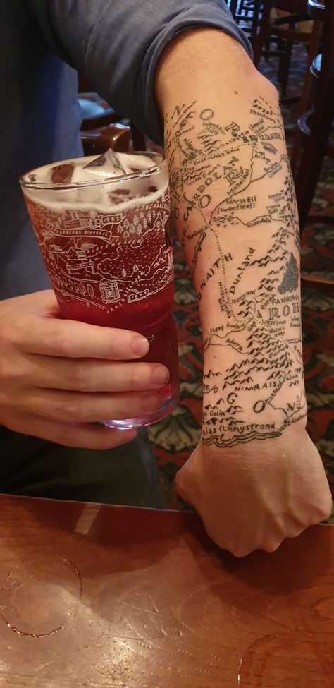 Hobbit Map Tattoo, Map Of Middle Earth Tattoo, Lotr Hobbit Tattoo, Middle Earth Tattoo Ideas, Fantasy Map Tattoo, Lord Of The Rings Ring Tattoo, Lord Of The Ring Tattoos, Lord Of The Ring Tattoo Ideas, Minimalist Lord Of The Rings Tattoo