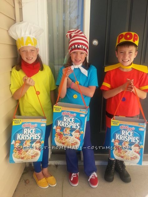 Snap Crackle Pop cereal costume for a group of 3 3 People Halloween Costumes, Kids Treat Bags, 3 People Costumes, Kid Costumes, Costume Closet, Snap Crackle Pop, Trio Costumes, Friend Costumes, Best Friend Halloween Costumes