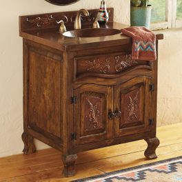 Western Vanities & Sinks Western Vanity, Diy Bathroom Design, Walk In Shower Designs, Master Bathrooms, Rustic Romance, Bathroom Themes, Western Furniture, Copper Sink, Bath Ideas