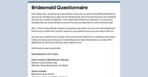 Bridesmaid Questionnaire Questions To Ask Your Bridesmaids, Questions For Bridesmaids, Bridesmaid Questionnaire Google Form, Bridal Party Questionnaire, Bridesmaid Survey, Bridesmaid Questionnaire, Bridesmaid Question, Brunch Sign, Idaho Springs