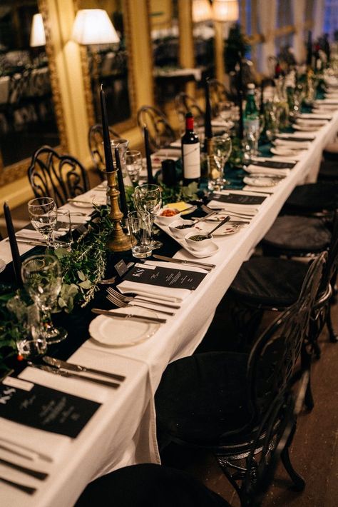 Banqueting style tables for 100 guests with green velvet runners and black taper candles Velvet Table Runner, Black Taper Candles, Velvet Table, Black Runners, Table Runners Wedding, Black Table, Taper Candles, Table Style, Green Velvet