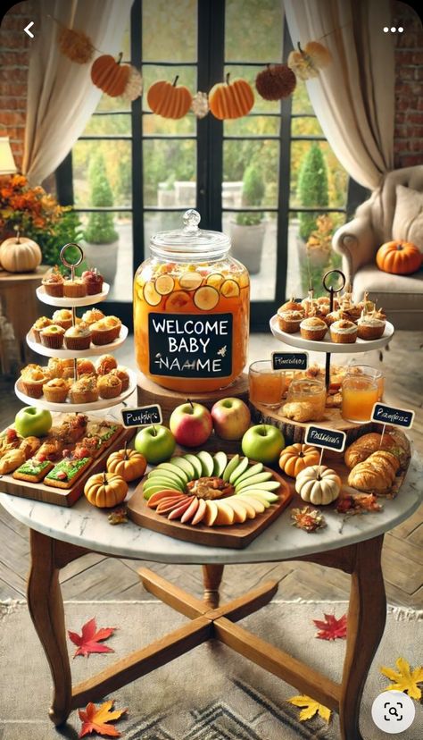 Fall Party Food Display, Fall Baby Shower Ideas Food Table, Baby Pumpkin Baby Shower Ideas, Pumpkin Sprinkle Party, Fall Snack Table Ideas, Lil Punkin Baby Shower Ideas, Baby Boy Shower Themes Fall, Little Pumpkin On The Way Baby Shower Ideas, Fall Baby Shower Brunch