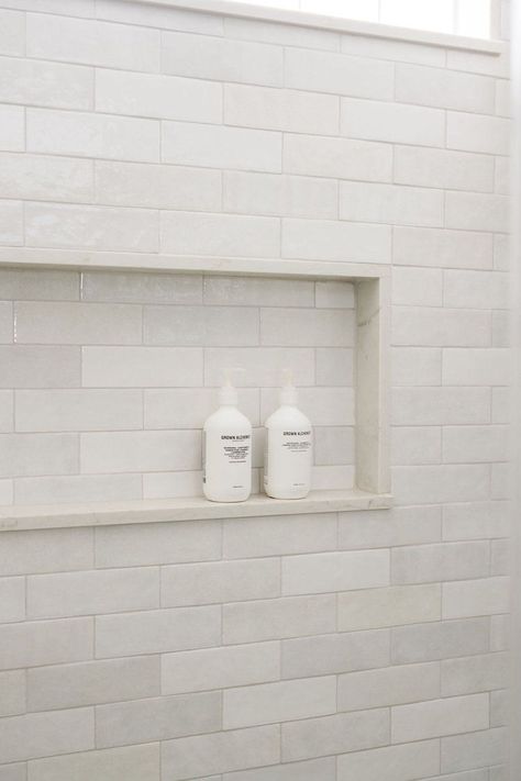 Glazed Tile Bathroom Showers, White Cloe Tile Bathroom, Horizontal Stacked Subway Tile Bathroom, Cloe White Tile Bathroom, Artisan White Tile Bathroom, Chloe Tile Bathroom, Basic Bathroom Ideas, 1950 Bathroom Remodel, Bedrosians Cloe Tile White Bathroom