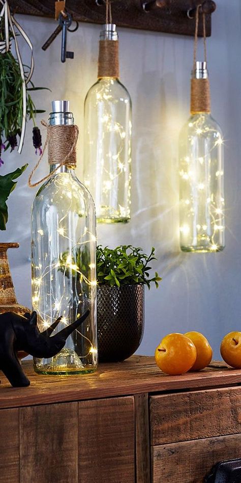 Koti Diy, Rustic Lanterns, Diy Bedroom, Wine Bottle Diy, Led Decor, Wine Bottle Decor, Bedroom Decorating, Rustic Garden Decor, Diy Lamp