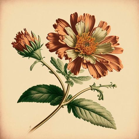 Vintage Illustration of a Flower Vintage Flower Bouquet Illustration, Antique Flower Illustration, Vintage Botanical Flowers, Vintage Flower Clipart, Marigold Reference, Vintage Botanical Prints Flowers, Vintage Flower Pictures, Floral Illustrations Botanical, Flower Illustration Vintage