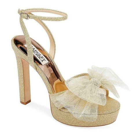 Badgley Mischka Sophie Platform Sandal Tulle Flower Platinum Size 7 Msrp $235.00 Charm Everyone's Heart In Our Sophie Sandal. A Edgy Flower Bow Made Of Light Tulle Fabric Adorns The Tip Of These Platforms In A Saturday Night Fever Vibe. You’ll Look As Sassy As They Come And Steal The Eyes Of Many As You Walk By. Style: Platform Sandal Heel Type: Chunky Block Heel Heel Height: 3.74” With Platform Micro Mesh Glitter Man Made Sole Imported Authenticity Guaranteed All Products Are Purchased From Authorized Wholesalers Or Distributors. Wedding Sandals Heels, Gold Ankle Strap Heels, Silver Block Heels, Ivory Sandals, White Strappy Heels, Gold Strappy Sandals, Fancy Sandals, Black Ankle Strap Heels, Toe Thong Sandals