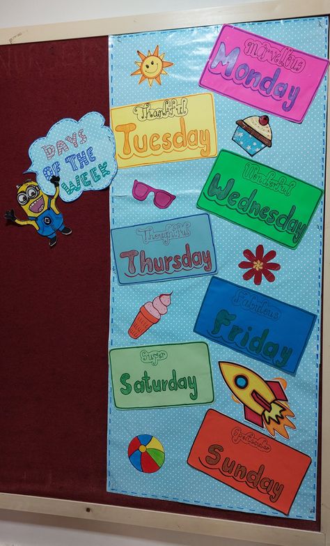 Days Of The Week Bulletin Board, Birthday Calender Classroom Diy, Week Days Chart For Kids, Days Of Week Chart Preschool, Days Of The Week Classroom Decoration, Days Of The Week Chart Classroom Decor, Classroom Decor Diy, Word Wall Ideas, Days Of The Week Chart