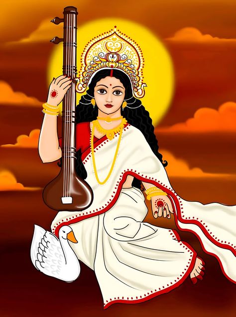 Saraswati Puja Painting, Ma Saraswati Painting, Saraswati Thakur Drawing, Ma Saraswati Images, Saraswati Puja Drawing, Maa Saraswati Painting, Saraswati Illustration, Saraswati Maa Drawing, Maa Saraswati Drawing