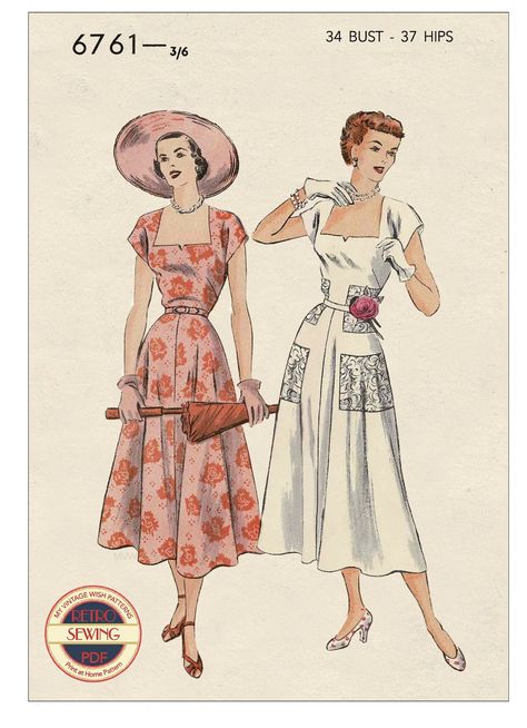 1950s Stylish Summer Dress PDF Sewing Pattern Bust 34 - Etsy UK 1950s Summer Dress, Vintage Woman Illustration, Vintage Dress Pattern, 60s Vintage Fashion, Unique Sewing Patterns, Sewing Guide, 1950 Fashion, Make Do And Mend, Vintage Dress Patterns