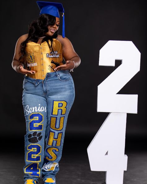 CUSTOM CORSET & #seniorjeans2024 🔥 done by @jaicreativecollection 🎀 | #RUHS 🎓💙💛 DM or TEXT (313)318-0114 to place an order📲 | #customseniorset #redfordunionhighschool #seniorsunday #customsenioroutfit #customseniorshirts #classof2023 #classof2024 #customseniorcorset #customjeans #customcorset #RUHS #redfordunion #redfordunioncheer #redfordunionpanthers #customcorset #2024grad #2024 Homecoming Jeans Ideas, Senior Painted Jeans, Custom Corset, Senior Portrait Outfits, Senior Year Fun, College Graduation Photoshoot, Homecoming Court, Grad Outfits, Corset Outfits