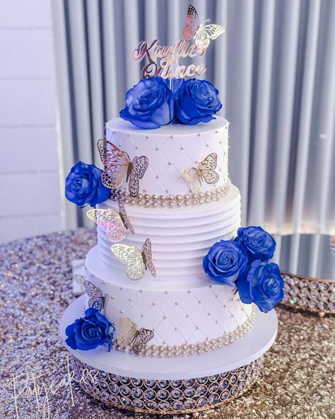 Kaylie’s Quince 🫶🏼💙✨ 💙 💙 💙 💙 Flowers: @casa_blanca_flowers Venue: @oxnardpacc #quincecake #smallbusiness #localbusiness #bakery #oxnard #opac #oxnardbakery #805bakery Quince Cake Designs, Royal Blue Quinceanera Cake, Blue Quince Cake, Butterfly Cakes Ideas, Royal Blue Quince Cake, Blue Butterfly Quinceanera Theme, Royal Blue Quinceanera Ideas, Cakes 3 Tier, Blue Quinceanera Ideas