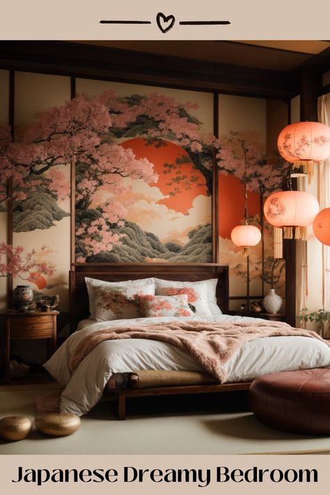 Revel in the embrace of a radiant sunset with this tranquil bedroom retreat’s Japanese wall decor. The stunning wall art, featuring cherry blossoms set against an ethereal mountain landscape bathed in sunset hues, inspires serenity. A plush bed, embellished with floral prints, is accompanied by traditional tatami flooring and gentle lighting from exquisite hanging lanterns. Potted plants and a subtle seating area with floor cushions add to the room’s allure. Japanese Theme Bathroom, Bedroom With Lanterns, Asian Decor Bedroom, Bedroom Design Japanese, Master Bedrooms Decor Japanese, Japanese Art Bedroom, Japan Themed Room, Japanese Theme Bedroom, Asian Bed