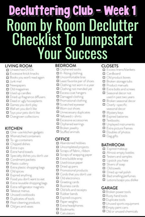 Declutter List By Room, Whole House Declutter Checklist, Declutter Room By Room Checklist, Declutter Home Checklist, Room By Room Declutter Checklist, How To Declutter Your Home Room By Room, House Declutter Plan, Declutter Apartment, Decluttering Room